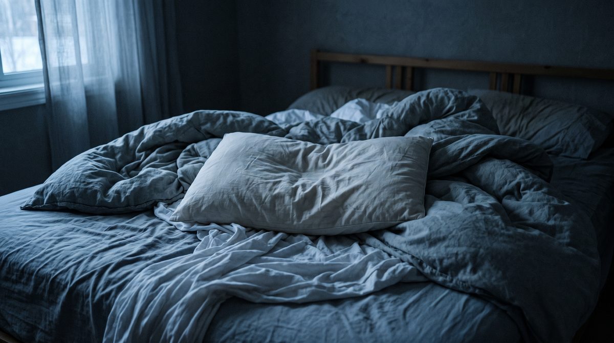 Ein flaches, eingedrücktes Kissen auf einem ungemachten Bett im kalten Morgenlicht