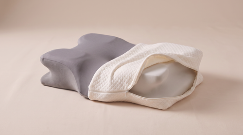 The cover folded open beside the bare grey butterfly pillow
